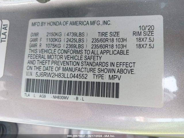 Honda Cr-v Awd Ex-l 2020 5J6RW2H83LL044552 Image 9