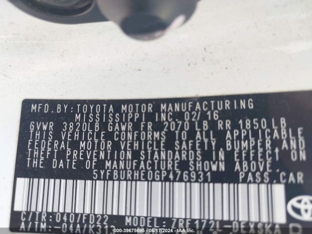 5YFBURHE0GP476931 Toyota Corolla S