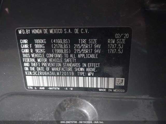 3CZRU6H36LM720119 Honda Hr-v Awd Lx