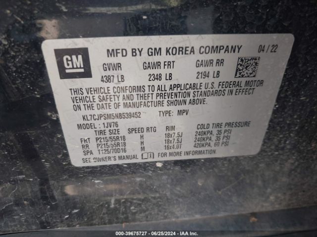 KL7CJPSM5NB539452 Chevrolet Trax Awd Lt