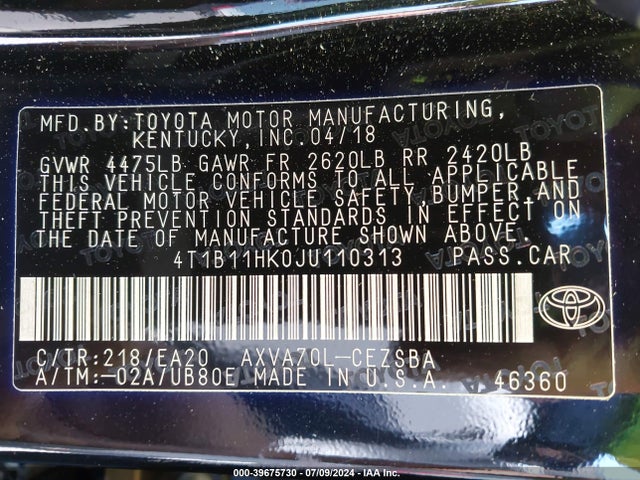 Toyota CAMRY SE 2018 4T1B11HK0JU110313 Image 9