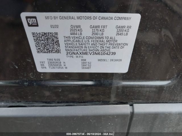 2GNAXMEV3N6104239 Chevrolet Equinox Fwd Rs