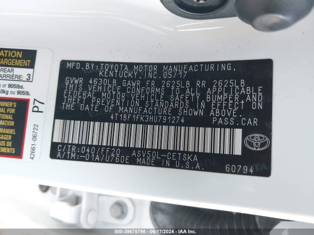Toyota CAMRY SE 2017 4T1BF1FK3HU791274 Image 9