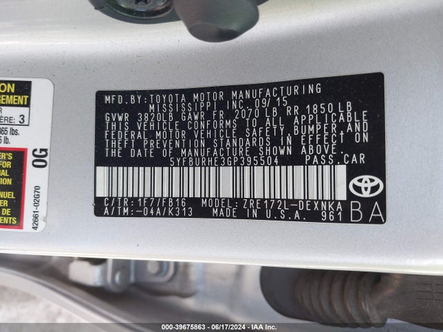 Toyota Corolla Le Plus 2016 5YFBURHE3GP395504 Image 9