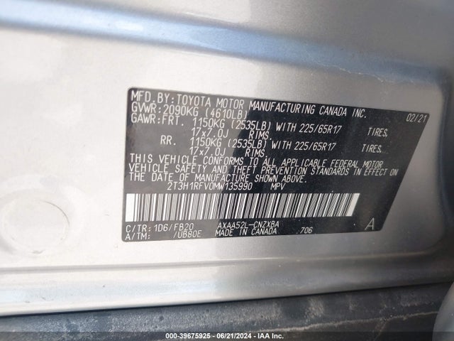Toyota RAV4 LE 2021 2T3H1RFV0MW135990 Image 9