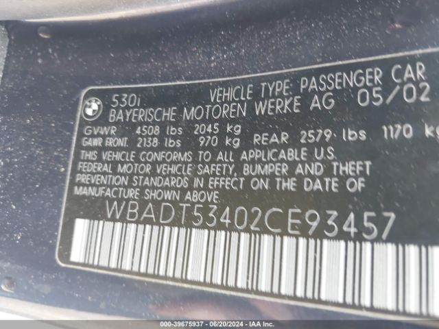 2002 BMW 530I WBADT53402CE93457 Photo 8