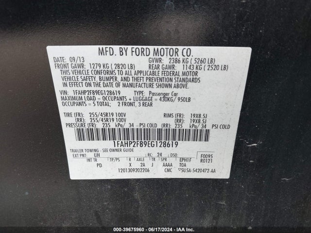 Ford Taurus Limited 2014 1FAHP2F89EG128619 Image 9