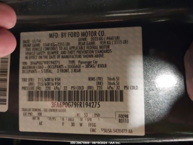 3FA6P0G79FR194275 Ford FUSION S