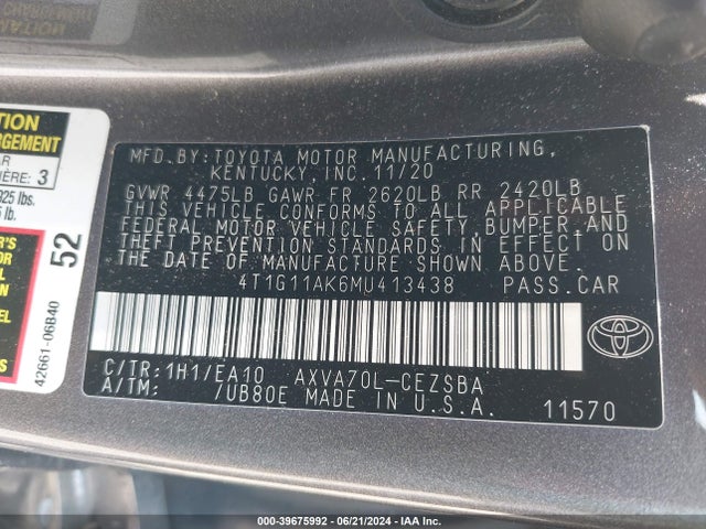 Toyota CAMRY SE 2021 4T1G11AK6MU413438 Image 9