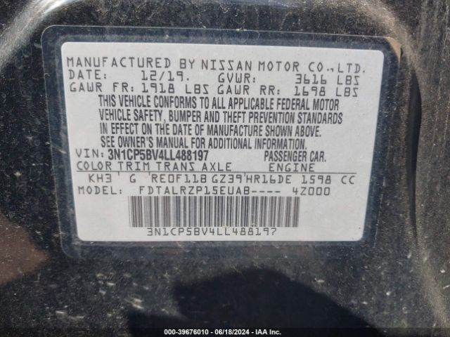 3N1CP5BV4LL488197 Nissan Kicks S Xtronic Cvt