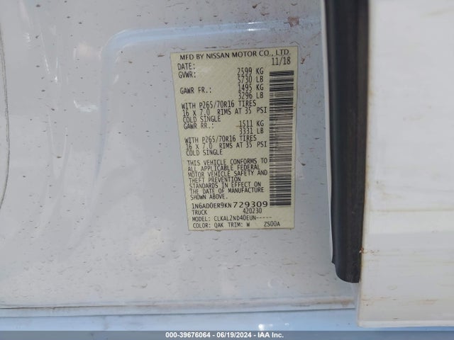 Nissan Frontier Sv 2019 1N6AD0ER9KN729309 Image 9