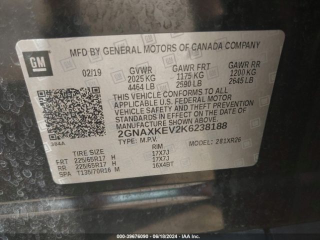 2GNAXKEV2K6238188 Chevrolet EQUINOX LT