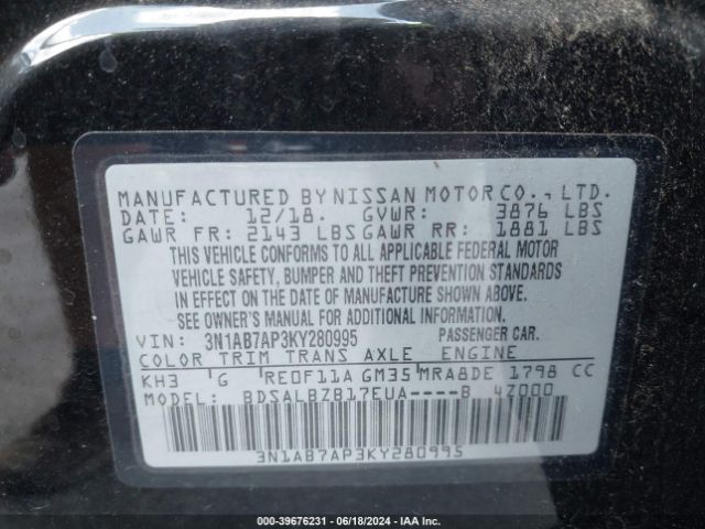 3N1AB7AP3KY280995 Nissan SENTRA S