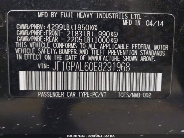 JF1GPAL60E8291968 Subaru Impreza 2.0i Sport Premium