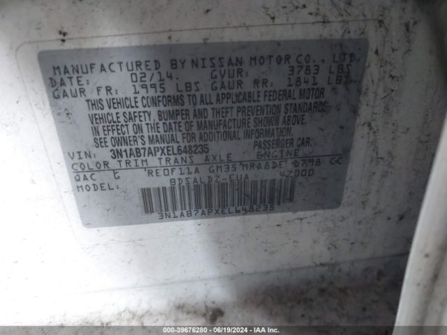 3N1AB7APXEL648235 Nissan Sentra Fe+ S/fe+ Sv/s/sl/sr/sv