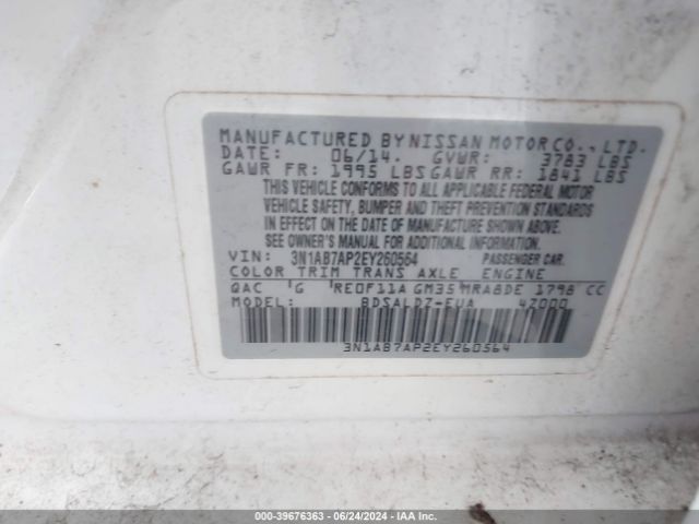 3N1AB7AP2EY260564 Nissan Sentra Fe+ S/fe+ Sv/s/sl/sr/sv