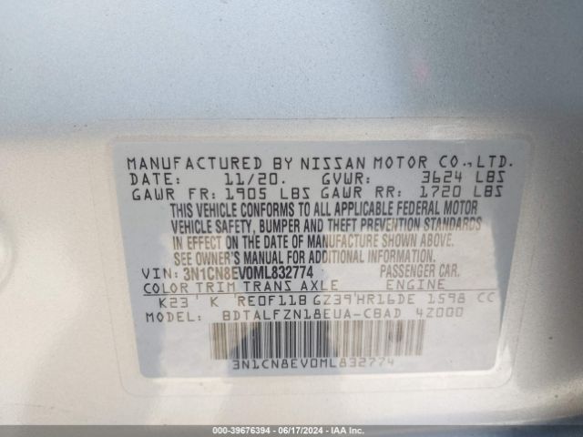 3N1CN8EV0ML832774 Nissan Versa Sv Xtronic Cvt