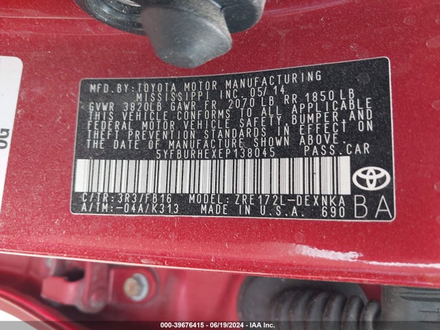 Toyota COROLLA LE 2014 5YFBURHEXEP138045 Image 9