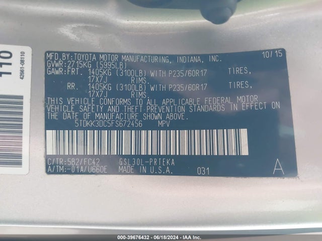 Toyota Sienna Le 8 Passenger 2015 5TDKK3DC5FS672456 Image 9