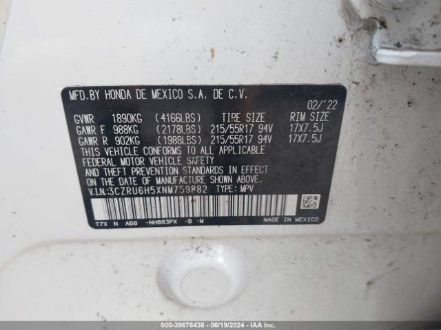 3CZRU6H5XNM759882 Honda Hr-v Awd Ex