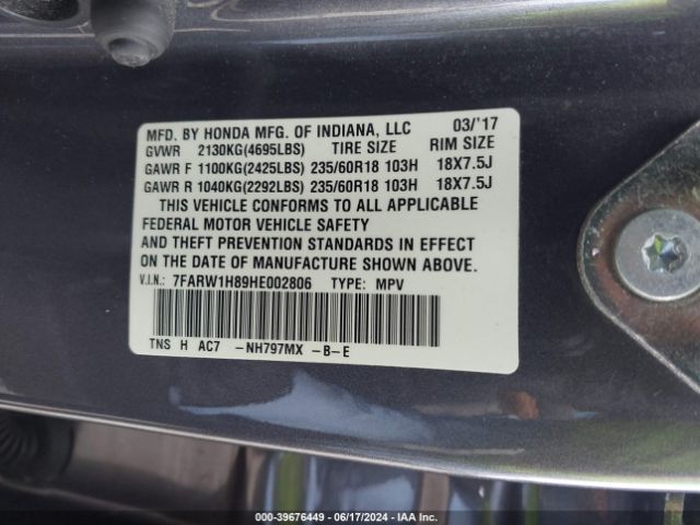 7FARW1H89HE002806 Honda Cr-v Ex-l/ex-l Navi