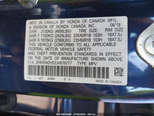 2HKRW2H52JH676777 Honda CR-V EX