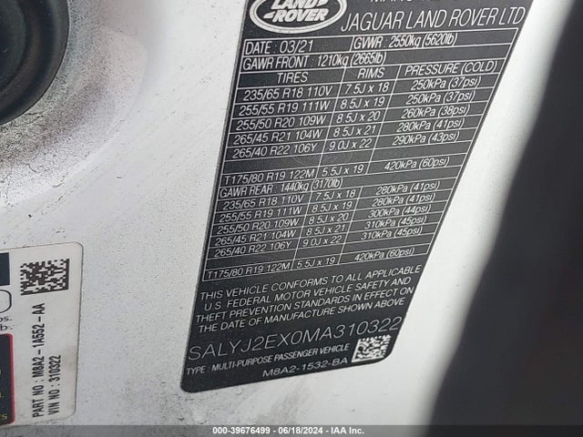 SALYJ2EX0MA310322 Land Rover Range Rover Velar P250 S