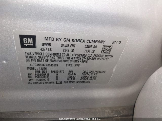 KL7CJNSM7NB545399 Chevrolet Trax Awd Ls