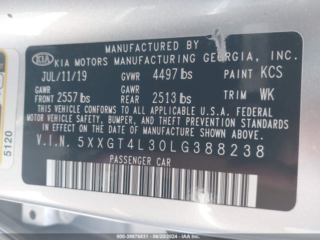KIA Optima Lx 2020 5XXGT4L30LG388238 Image 9
