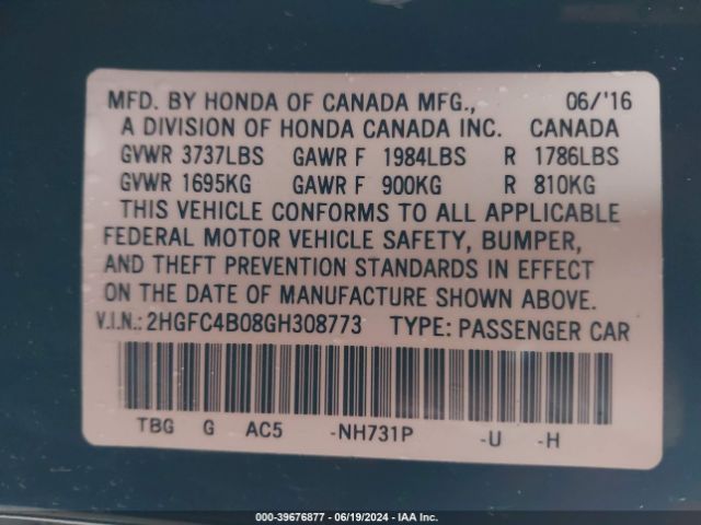 2HGFC4B08GH308773 Honda Civic Lx-p