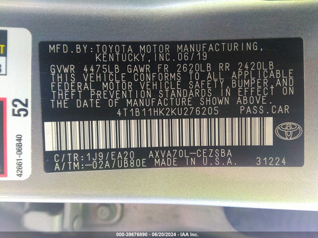 Toyota CAMRY SE 2019 4T1B11HK2KU276205 Image 9