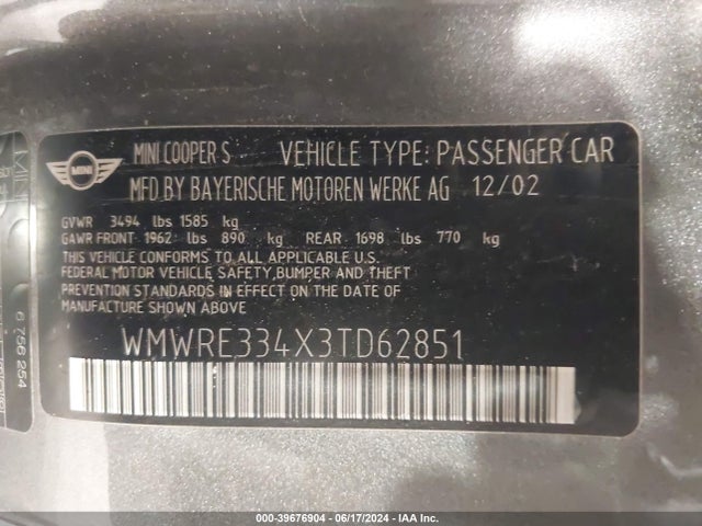 2003 MINI COOPER S WMWRE334X3TD62851 Photo 8
