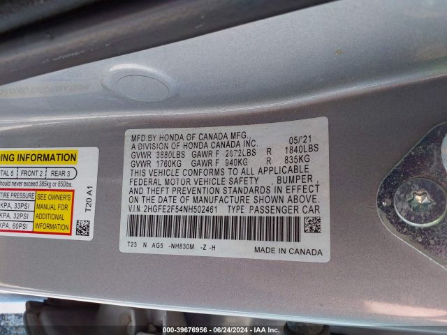 2HGFE2F54NH502461 Honda Civic Sport