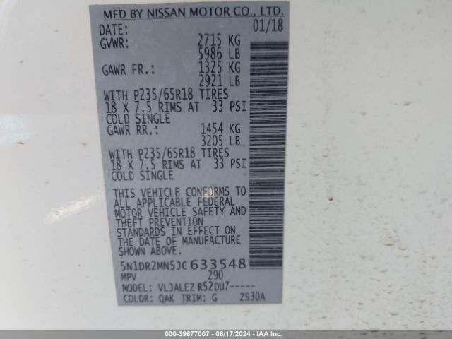 5N1DR2MN5JC633548 Nissan Pathfinder Sv