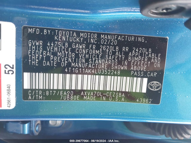 Toyota CAMRY SE 2020 4T1G11AK4LU352248 Image 9