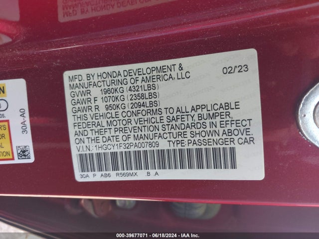 Honda ACCORD EX 2023 1HGCY1F32PA007809 Image 9