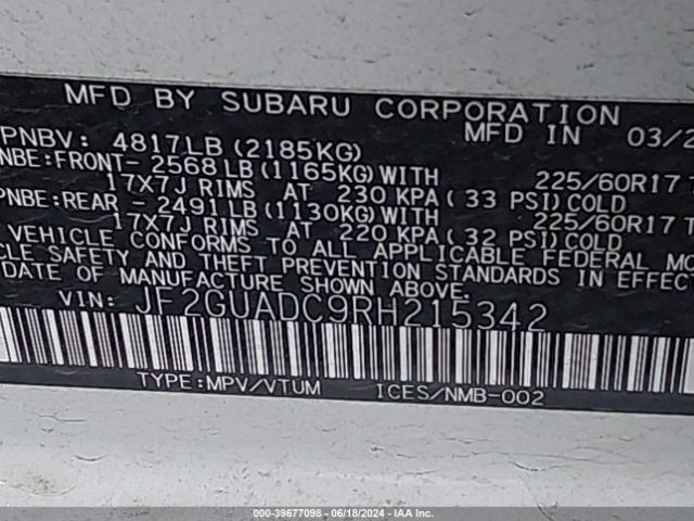 JF2GUADC9RH215342 Subaru Crosstrek Premium