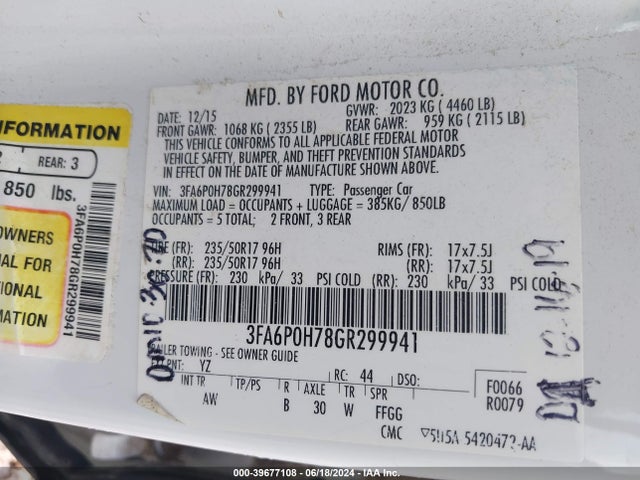 Ford FUSION SE 2016 3FA6P0H78GR299941 Image 9