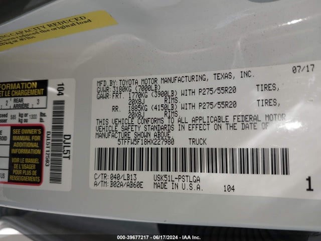 5TFFW5F18HX227980 Toyota Tundra Limited 5.7l V8