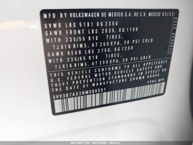 3VV3B7AX2NM086591 Volkswagen Tiguan 2.0t Se