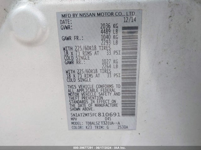 Nissan Rogue Sl 2015 5N1AT2MT5FC810691 Image 9