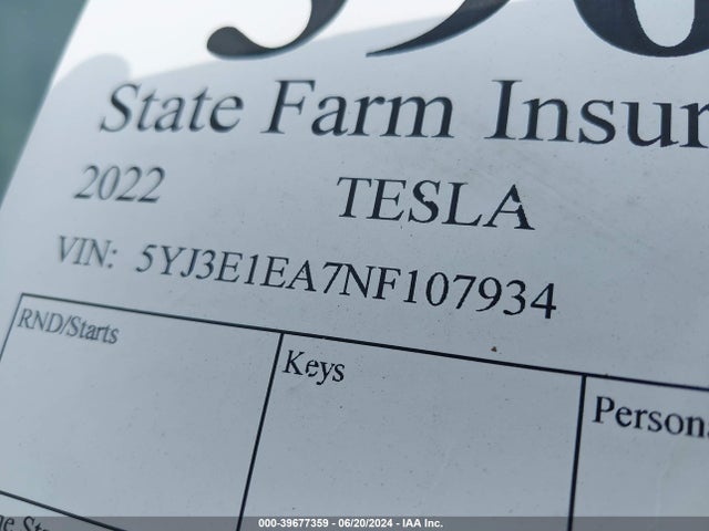 Tesla Model 3 Rear-wheel Drive 2022 5YJ3E1EA7NF107934 Image 9