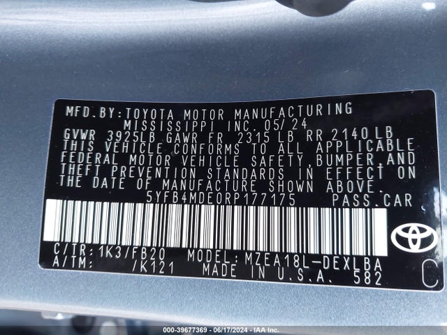 Toyota COROLLA LE 2024 5YFB4MDE0RP177175 Image 9