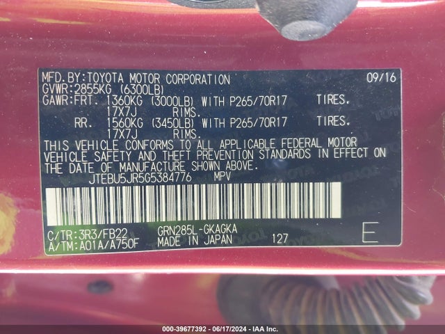 Toyota 4RUNNER SR5 2016 JTEBU5JR5G5384776 Image 9
