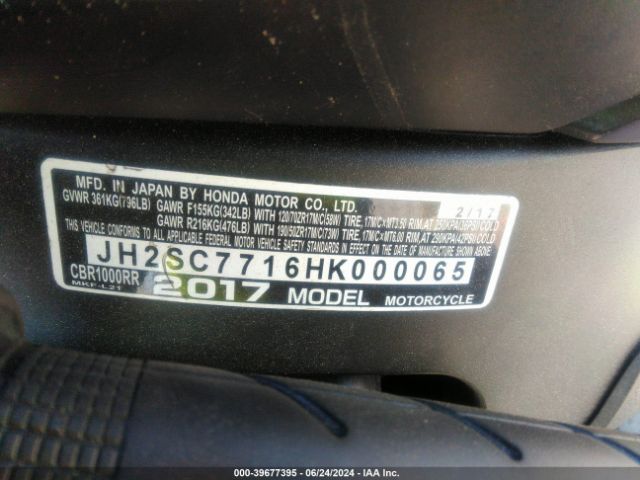 2017 HONDA CBR1000 JH2SC7716HK000065 Photo 9