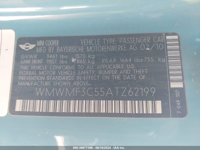 2010 MINI COOPER WMWMF3C55ATZ62199 Photo 8