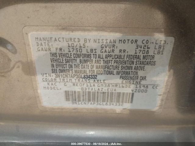 3N1CN7AP3GL834332 Nissan Versa 1.6 S+