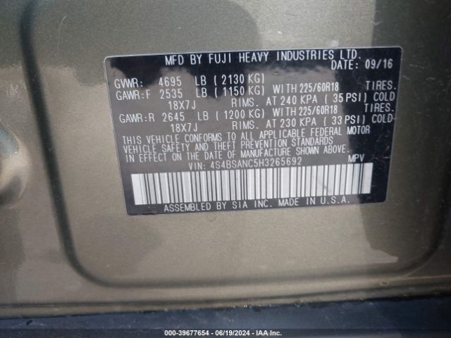 4S4BSANC5H3265692 Subaru Outback 2.5i Limited