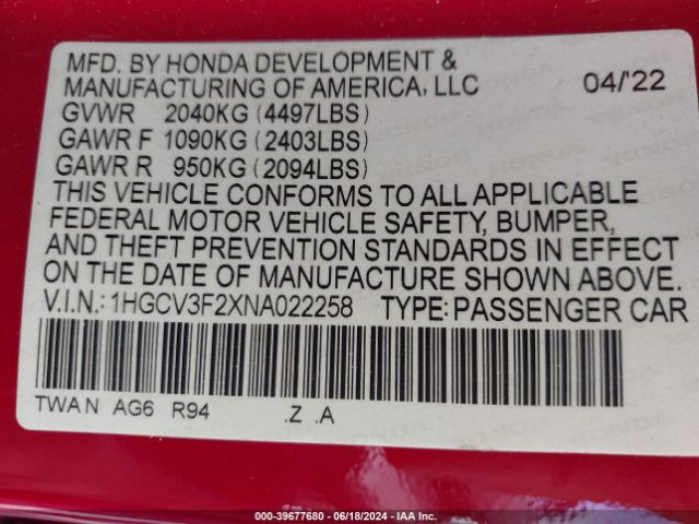 1HGCV3F2XNA022258 Honda Accord Hybrid Sport