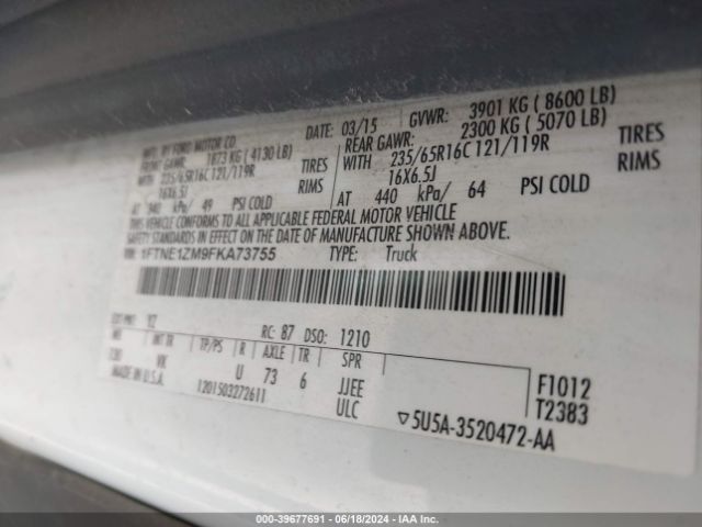 1FTNE1ZM9FKA73755 Ford Transit-150